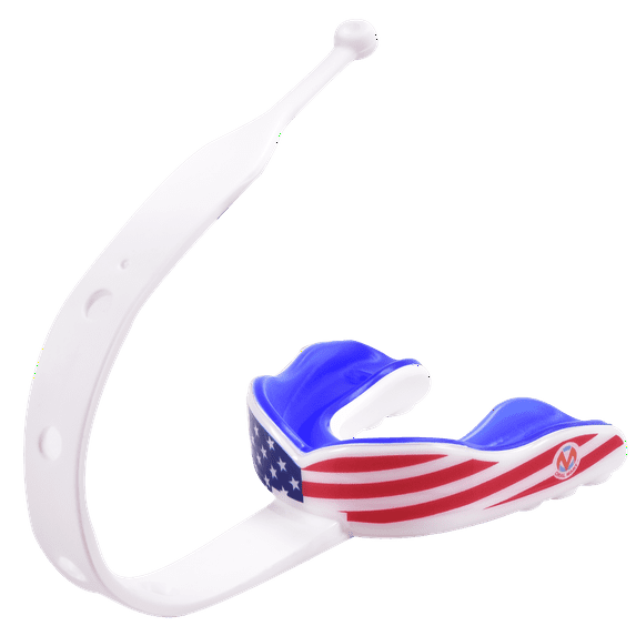 Oral Mart American Flag Strapped Sports Mouth Guard (Ice Hockey/Football/Lacrosse) - Mouthguard with Strap for Football, Hockey, Lacrosse, College Football (with Free Case)