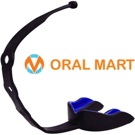 Oral Mart Child Sports Mouthguard with Connected Strap, Black/Blue