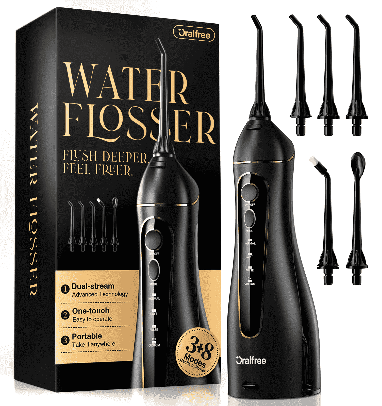 Oralfree Water Flosser for Teeth Cleaning, Cordless Oral Irrigator with 5 Jet Tips, 4 Modes, IPX7 Waterproof, 250ML Tank, for Braces, Travel and Home Use, Black