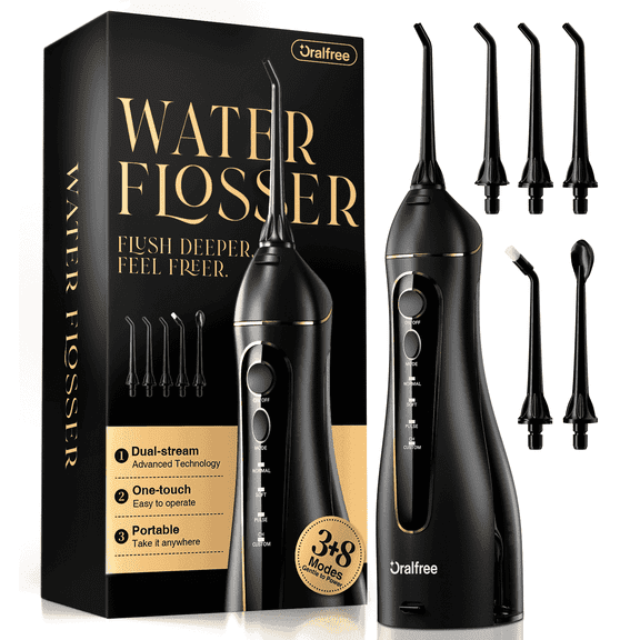 Oralfree Water Flosser for Teeth Cleaning, Cordless Oral Irrigator with 5 Jet Tips, 4 Modes, IPX7 Waterproof, 250ML Tank, for Braces, Travel and Home Use, Black