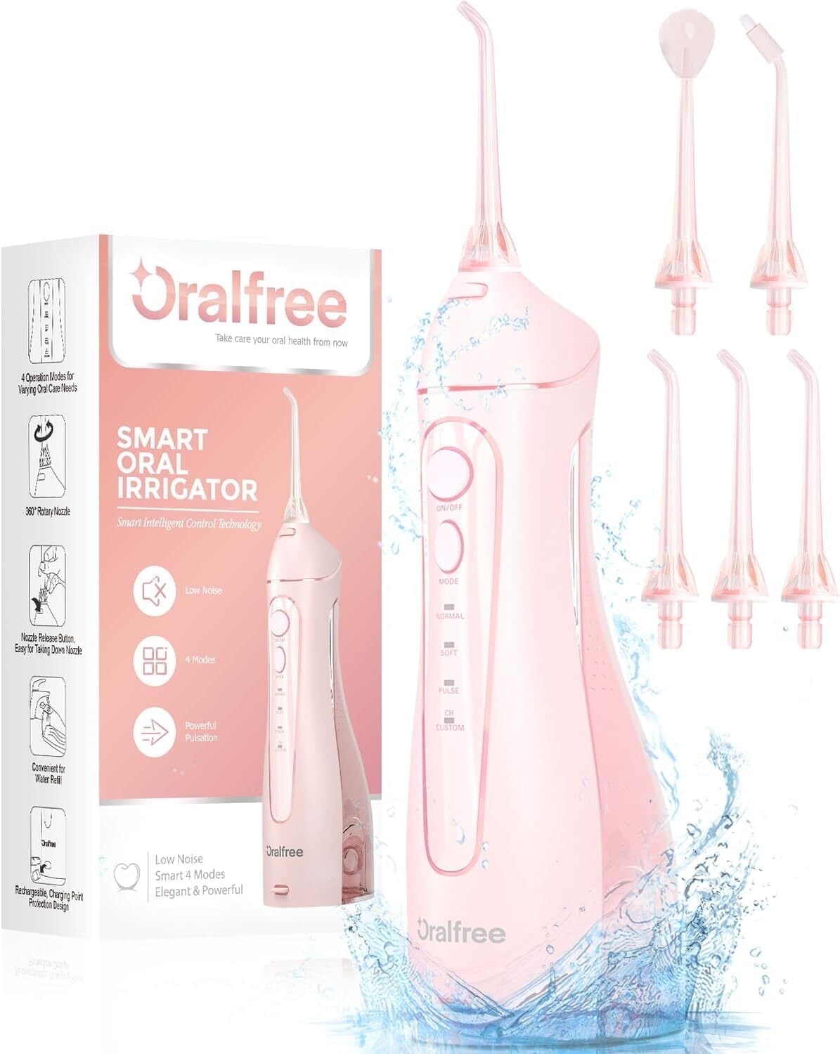 Oralfree Rechargeable Water Flosser for Teeth, 4 Modes with 250ml Tank, IPX7 Waterproof Oral Irrigator for Home & Travel,Pink