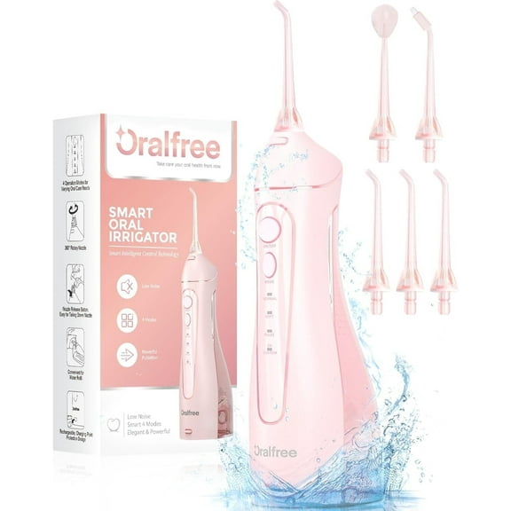 Oralfree Rechargeable Water Flosser for Teeth, 4 Modes with 250ml Tank, IPX7 Waterproof Oral Irrigator for Home & Travel,Pink