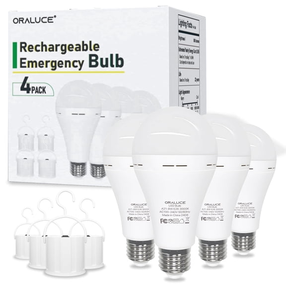 Oraluce LED 9W 60 Watt Equivalent Warm White 3000K A21 E26 Base Light Bulbs, Emergency Rechargeable, Battery Powered, Long Lasting, 4 Pack
