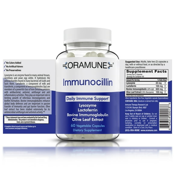 Oramune ImmunoCillin, Immune Support Supplements with Lysozyme, Lactoferrin, Bovine Immunoglobulin, & Olive Leaf Extract, 60 Capsules