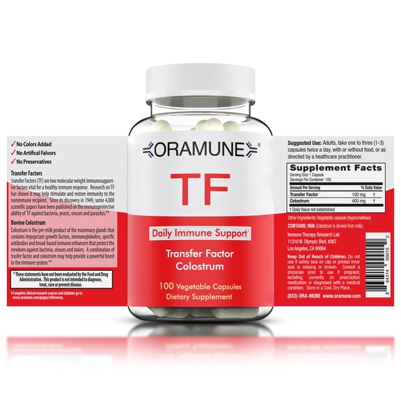 Oramune TF Daily Immune Support Supplement  Supports Immune Health, Modulation, and Balance with Transfer Factor, Bovine Colostrum, and Growth Factors for Overall Wellness  100 Capsules