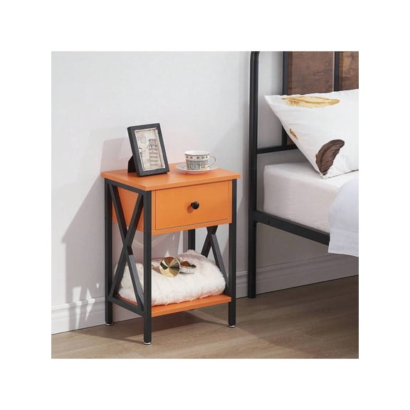 Orange 1-Piece Industrial Nightstand With Drawer And Open Shelf For Bedroom Living Room