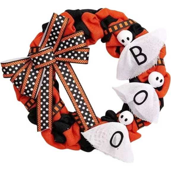 Orange 13.8 in Halloween Ghost Fabric Wreath for Front Door and Wall Decor