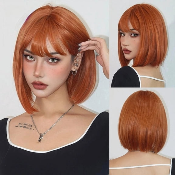 Orange 15-Inch Women's Wig, Straight Bob Wig, Short Synthetic Fiber Wig With Bangs, Natural Appearance.