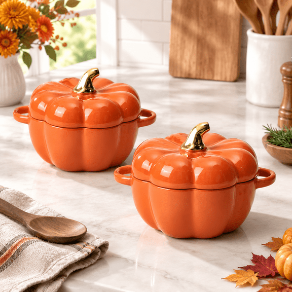 Orange 2-Piece 14 Oz Ceramic Pumpkin Baking Bowl Set With Lid And Handle