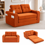 Orange 2-Seat Convertible Sofa Bed, Corduroy Fold-Out Floor Couch with Memory Foam and Pillows