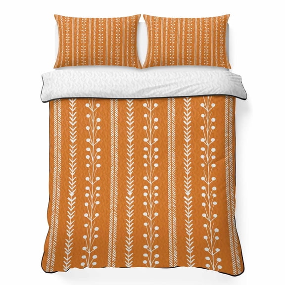 Orange 3 Piece Quilt Bedding Set with 2 Pillow Shams, Autumnal Rustic Vertical Dashed Lines Shabby Chic Leaf Lightweight Bedspread Coverlet, Soft Breathable All Season Quilt, 68 x 86 Inch