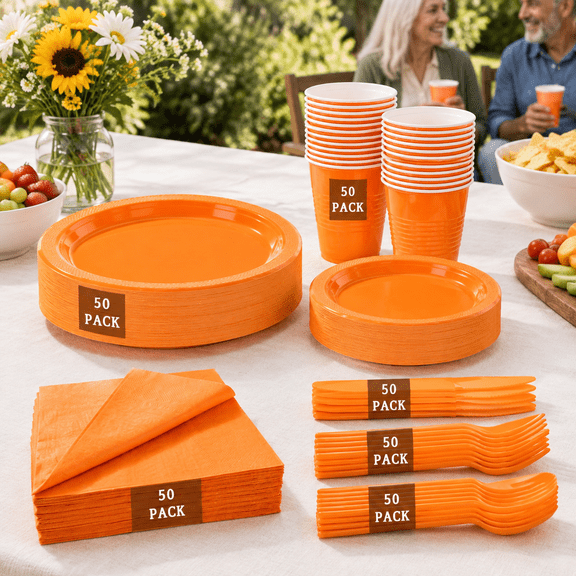 Orange 350-Piece Disposable Plastic Party Supply Dinnerware Set