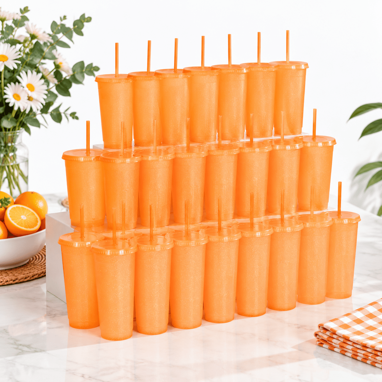 Orange 36 Pack Reusable Plastic Tumblers with Stand Lid Iced Coffee ...