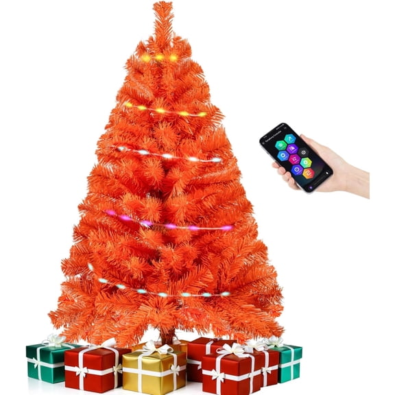 Orange 3ft Christmas Tree with Lights, Small 36inch Artificial Tree Mini Table Top Decorations, Xmas Desk Tree with 80 Colored Lights, 200 Branch, Holiday Decor for Home,Indoor Office Tabletop