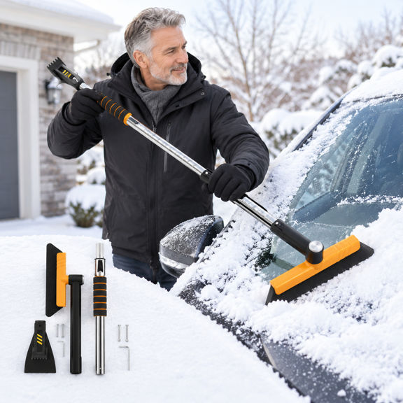 Orange 43.7" Extendable Car Windshield Ice Scraper with 12 Adjustable Length Settings