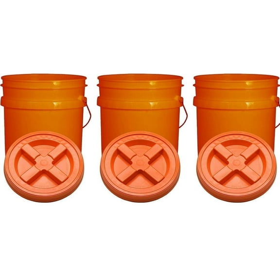 Orange 5 Gallon Plastic Buckets and Gamma Seal Lids Food Grade Combo 3 Pack