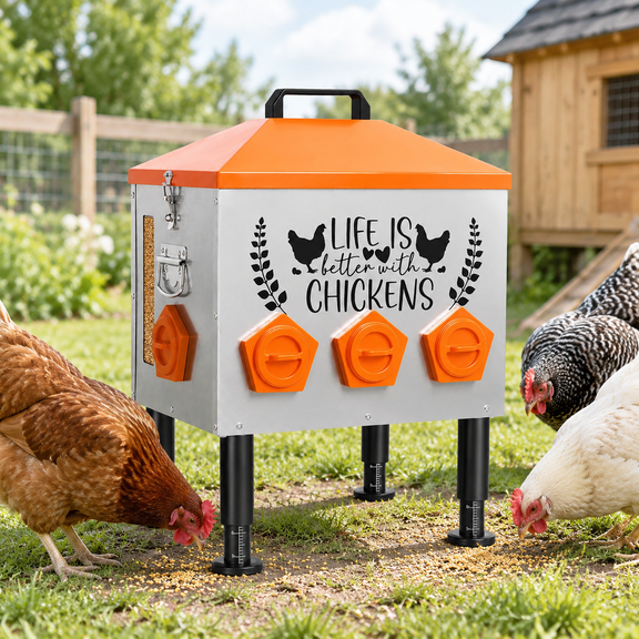 Orange 50lb Large Metal Chicken Feeder with Feed Level Window