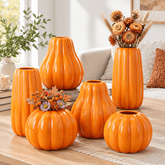 Orange 6-Pack Ceramic Pumpkin Vases, Mixed Shapes for Fall Home Decor