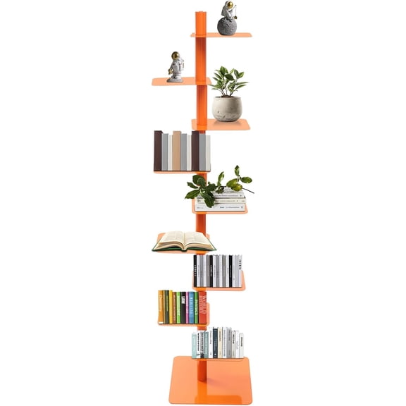 Orange 9-Tier Rotating Spine Bookshelf, Vertical Spinning Corner Book Tower & Floor Standing Storage