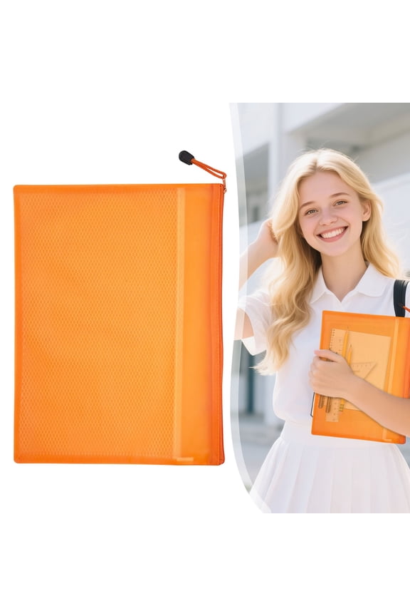 Orange A4 Large Mesh Document Organizer, Sturdy Zipper File Bag for School Work and Trip