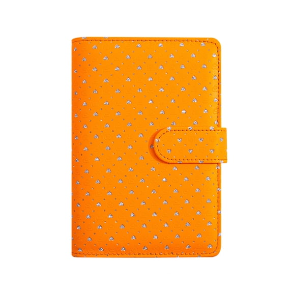 Orange A6 Binder Cover, 6-Ring PU Leather Notebook Case with Rhinestone Heart Pattern, Budget Binding Clip Cover with Card Slots & Pen Loop,Gift for Stationery Lovers