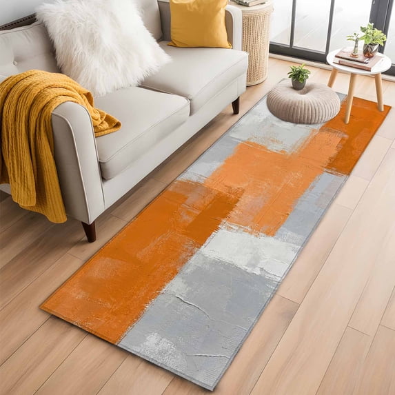 Orange Abstract 2'x6' Runner Rugs for Hallway Kitchen Bedside Non Slip, Grey Geometric Oil Painting Vintage Gradient Entryway Rug Runners with Rubber Backing, Long Carpet Runner for Laundry Room