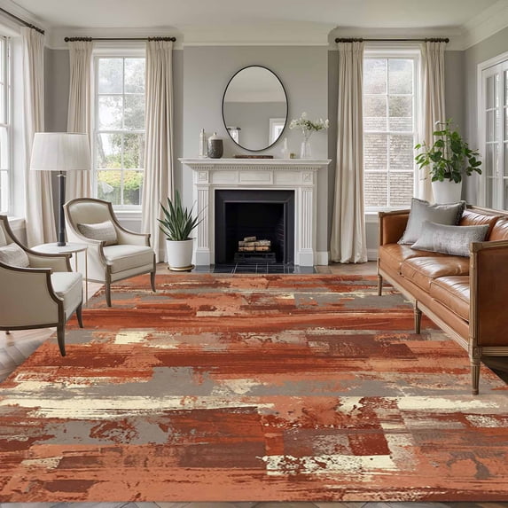 Orange Abstract Area Rugs 8'x10', Small Throw Rugs for Living Room Patio, Vintage Geometric Gradient Oil Painting Modern Indoor Outdoor Rug Non-Slip Low Pile Carpet Runner Reversible Floor Mats