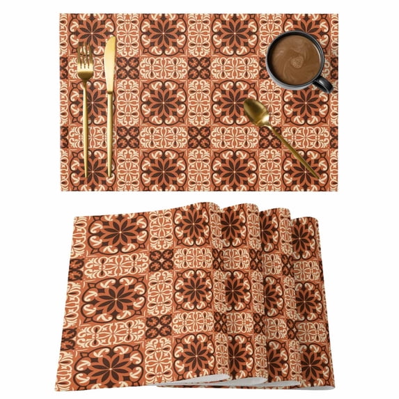 Orange Abstract Floral Placemats Set of 6, Country Vintage Tribal Exotic Flower Non-Slip Place Mats Washable Table Mats for Kitchen Dining Table Decorations Indoor/Outdoor