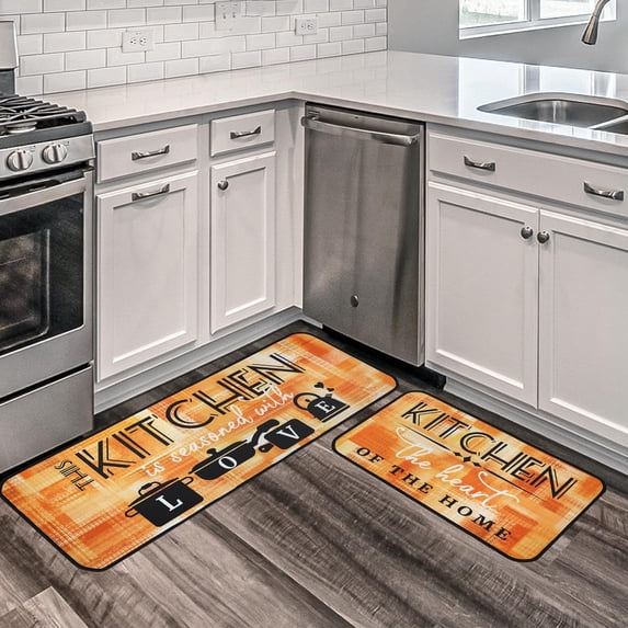 Orange Abstract Kitchen Mats for Floor, Modern Kitchen Rugs Set of 2 Carpet Area Rug, Vintage Farmhouse Modern Orange Kitchen Decor and Accessories Stuff, 17x30 and 17x47 Inch