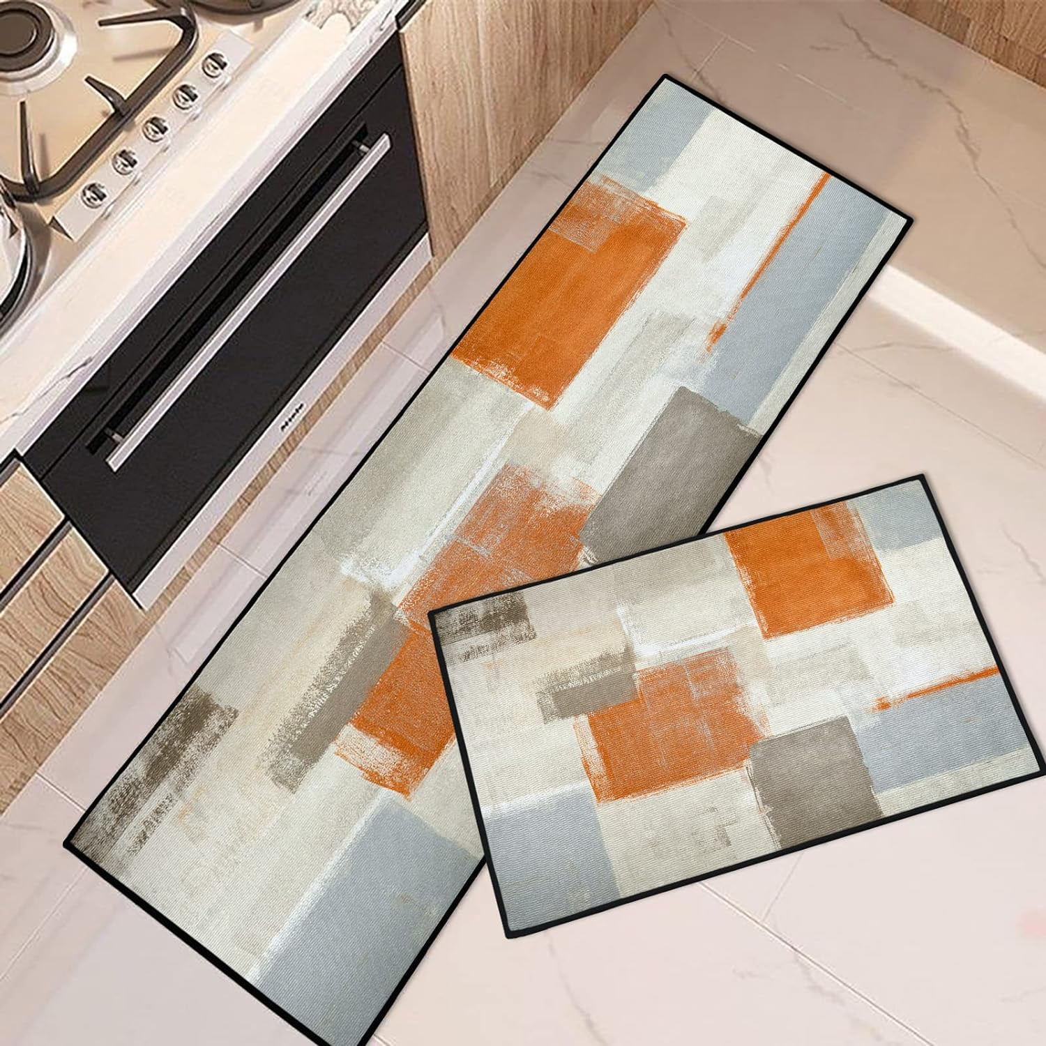 Orange Abstract Kitchen Rugs and Mats Non Skid Washable Set of 2, Beige Contemporary Painting Art Kitchen Mats for Floor, Modern Kitchen Runner Rug Brown Grey Kitchen Decor