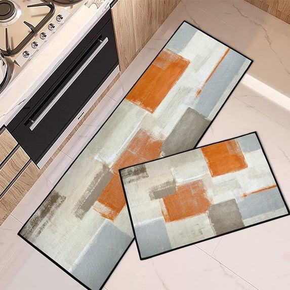 Orange Abstract Kitchen Rugs and Mats Non Skid Washable Set of 2, Beige Contemporary Painting Art Kitchen Runner Rug, Modern Brown Grey Under Sink Mats for Kitchen Floor Decor