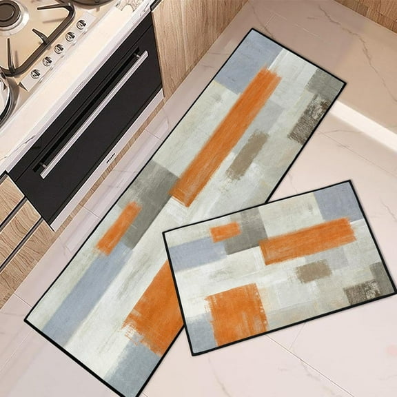 Orange Abstract Kitchen Rugs and Mats Non Skid Washable Set of 2, Beige Contemporary Painting Art Mats for Floor, Modern Runner Rug Brown Grey Kitchen Decor