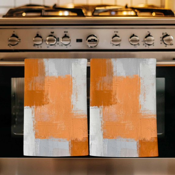 Orange Abstract Kitchen Towels Set of 1, Grey Geometric Oil Painting Vintage Gradient Absorbent Dish Towels for Kitchen, Microfiber Hand Towel, Quick Drying Tea Towel for Cleaning Dishcloths