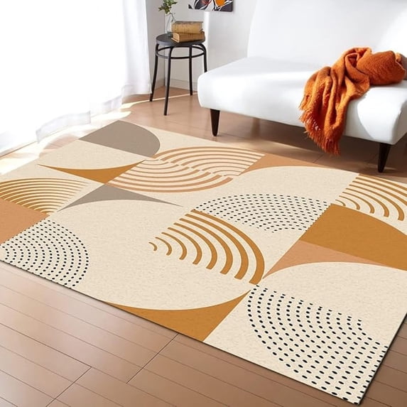 Orange Abstract Lines Oval Bohemian Area Rug, Geometric Medieval Style Large Rug, Indoor Non-Slip Kids Rugs, Washable Breathable Durable Carpet For Front Entrance Floor Decor 5x7ft