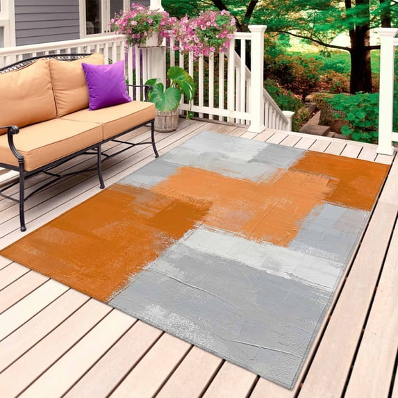 Orange Abstract Outdoor Rug 4x6 Ft, Non Slip Washable Area Rug, Grey Geometric Oil Painting Vintage Gradient Patio Rugs Carpet Runner, Large Floor Mat for Indoor/Outdoor Deck Porch Camping
