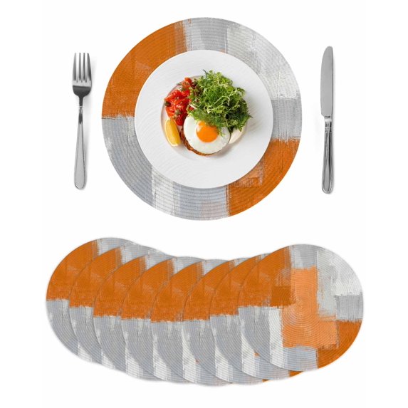 Orange Abstract Round 13 Inch Placemats Set of 8, Grey Geometric Oil Painting Vintage Gradient HeatResistant Non Slip Place Mats for Dining Table, Wipeable Braided Kitchen Table Mats for Housewarming