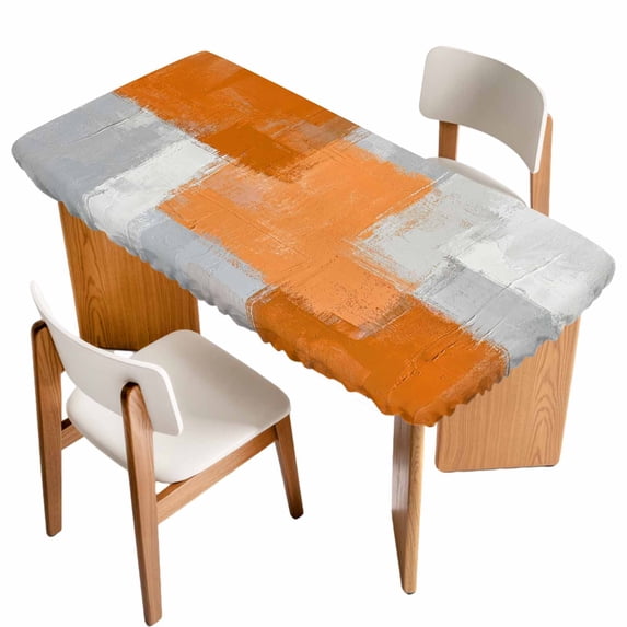 Orange Abstract Table Cloths for 4 Foot Rectangle Tables, Grey Geometric Oil Painting Vintage Gradient Patio Waterproof Elastic Fitted Tablecloths, Washable Rectangular Table Cover for Camping