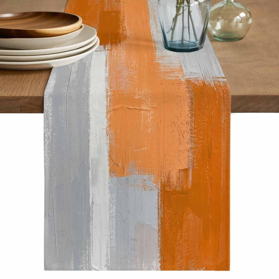 Orange Abstract Table Runner, Grey Geometric Oil Painting Vintage Gradient Cotton Linen Table Runners 70 Inches Long, Dresser Scarf Runner for Dining/Kitchen/Coffee/TV Stands/Cabinets 13''x70''