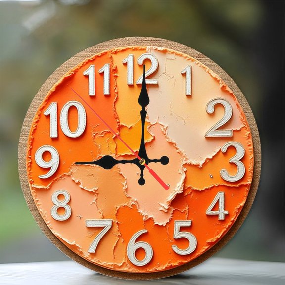 Orange Abstract Textured Wall Clock 10-Inch Silent Wooden Wall Clock, Battery Operated (AA Batteries Not Included), Artistic Home Decor