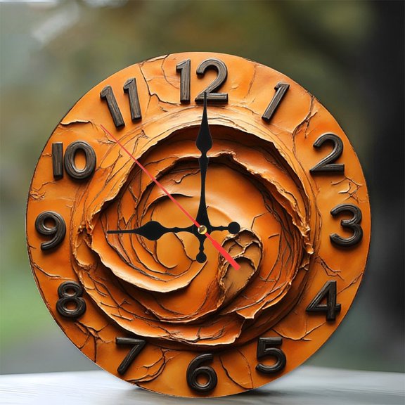 Orange Abstract Wall Clock Rustic Home Decor 10-Inch Silent Wooden Wall Clock, Battery Operated (AA Batteries Not Included), Artistic Home Decor