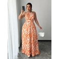 thumbnail image 1 of Orange Abstract Zebra Print Halter Neck Tie Waist A-Line Maxi Dress For Women, 1 of 8