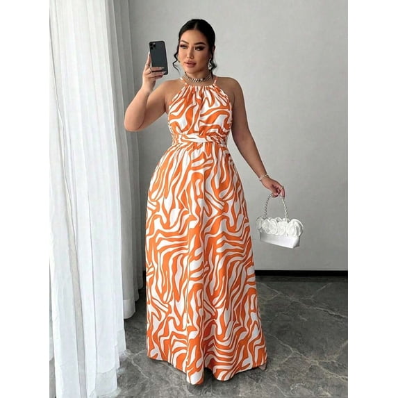 Orange Abstract Zebra Print Halter Neck Tie Waist A-Line Maxi Dress For Women