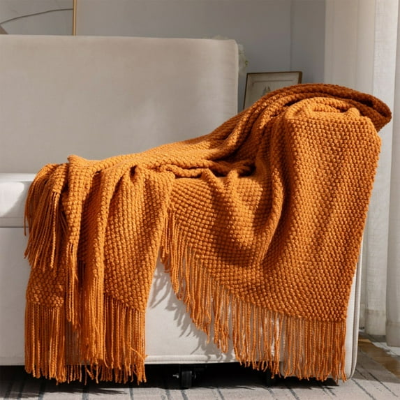 Orange Acrylic Fringe Throw Blanket | Soft & Breathable Sofa Cover | 172x127cm Decorative Blanket for Air Conditioning & Afternoon Naps