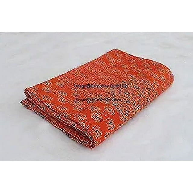 Orange Ajrakh Hippie Queen Kantha Quilt Handmade Bohemain Bedspread ...