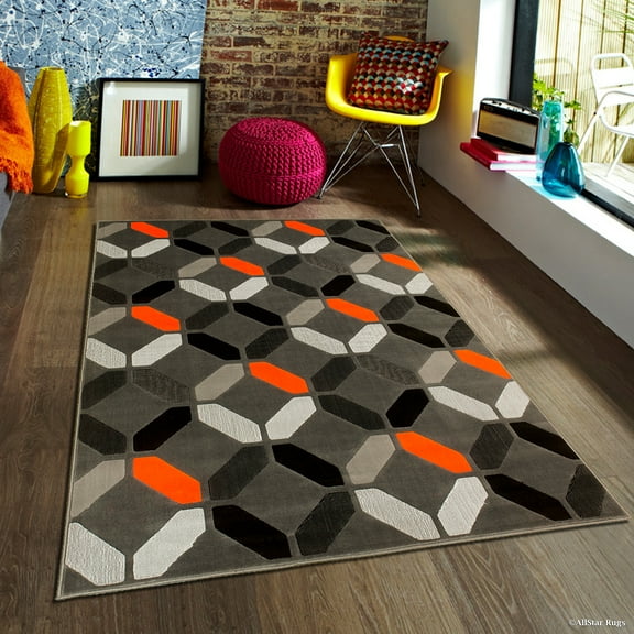 Orange Allstar Modern. Contemporary Woven Rug. Drop-Stitch Weave Technique. Carved Effect. Vivid Pop Colors (5' x 6' 11")