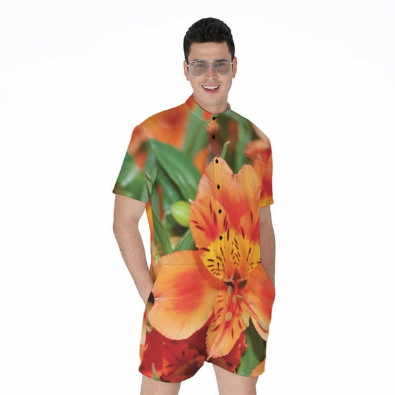 Orange Alstroemeria Short Sleeve Men'S Rompers Casual Summer Jumpsuits Outfit