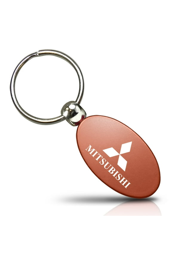 Orange Aluminum Metal Oval Mitsubishi Logo Key Chain Fob Chrome Ring
