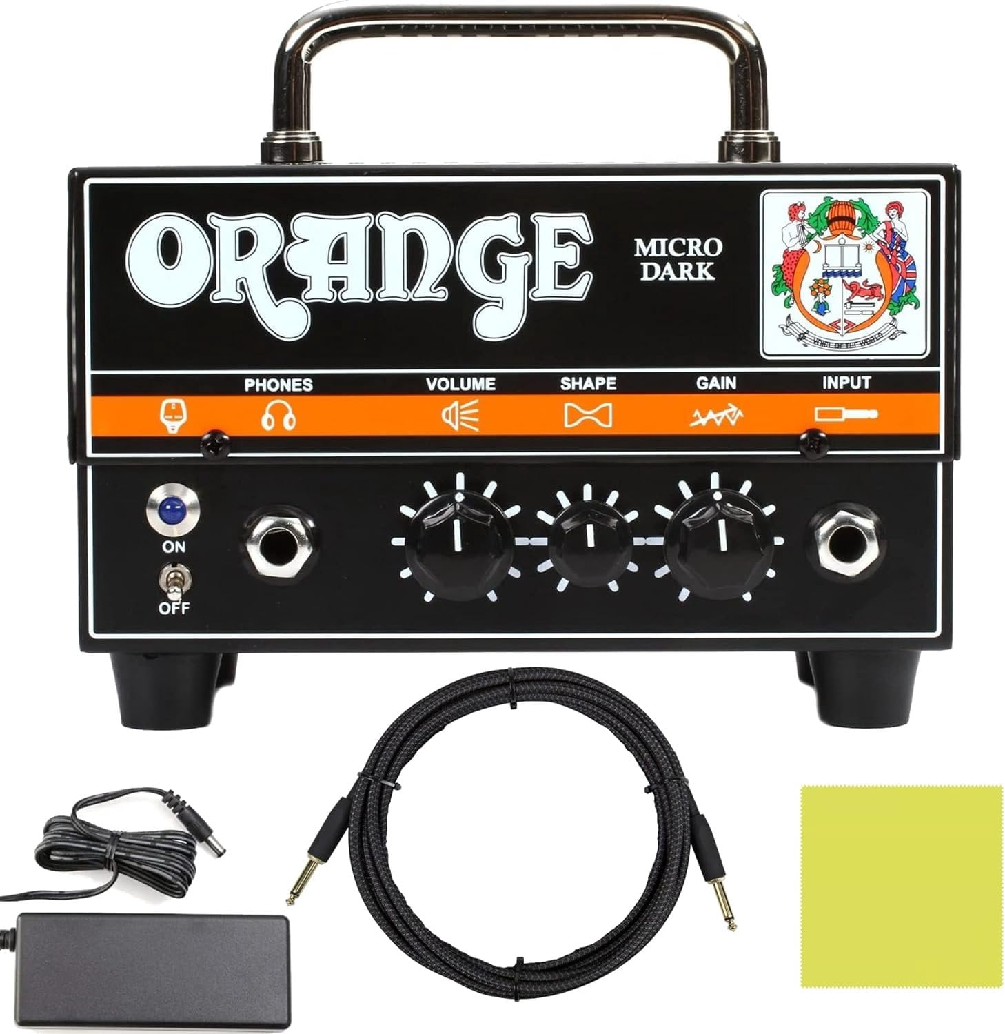 Orange Amp MD20 Micro Dark 20-Watt Mini Guitar Amplifier Head Bundle with Pig Hog Woven Instrument Cable 10ft, Power Supply, and Liquid Audio Polishing Cloth - Micro Guitar Amplifier