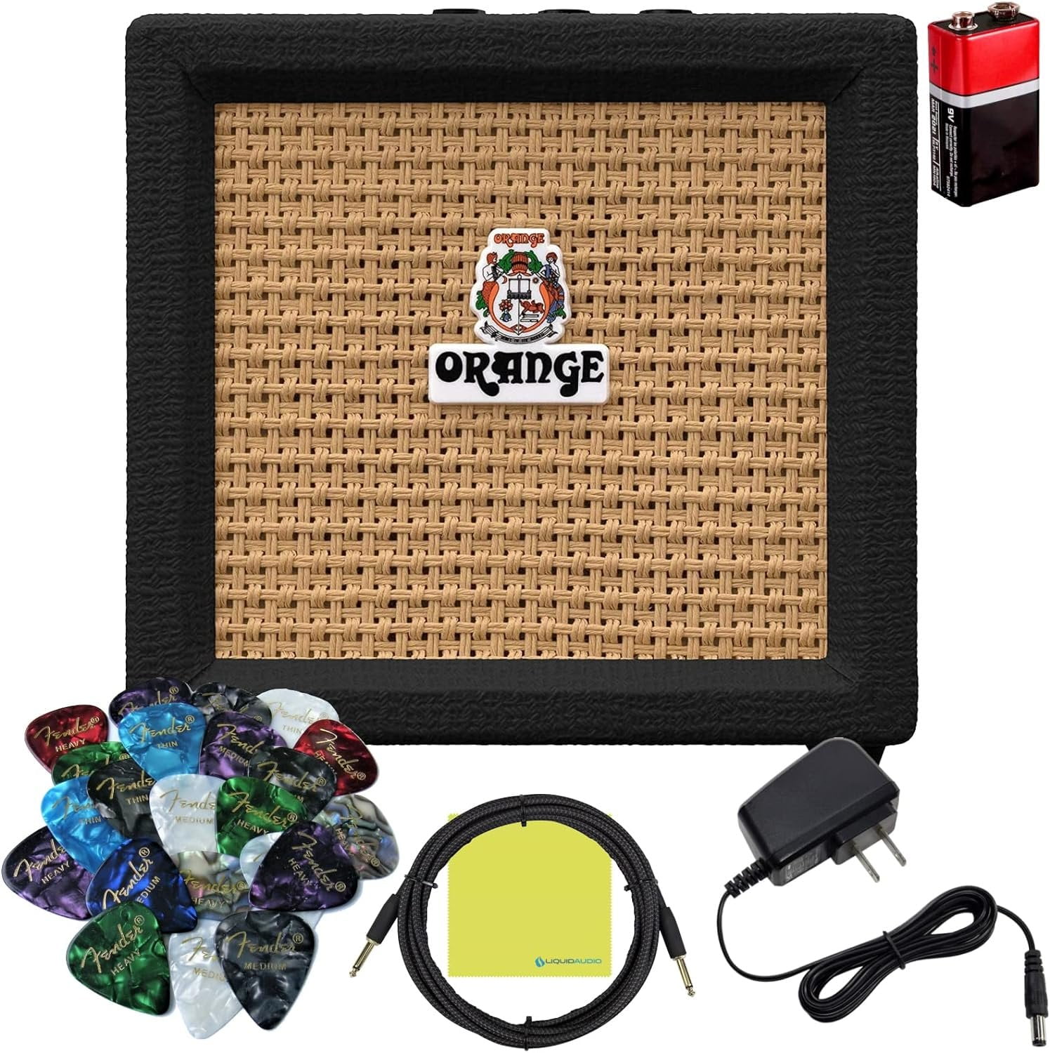 Orange Amps Crush Mini Black 3W Guitar Combo Amp Bundle w Power Adapter, Pig Hog Instrument Cable, 24 Picks, Battery & Liquid Audio Polishing Cloth Black
