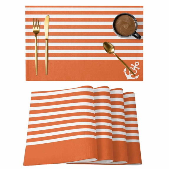 Orange Anchor Placemats Set of 6, Modern Nautical White Geometric Stripes Placemats for Dining Table, Place Mats for Kitchen Tabletop, Waterproof Wipeable Dining Table Mats Set